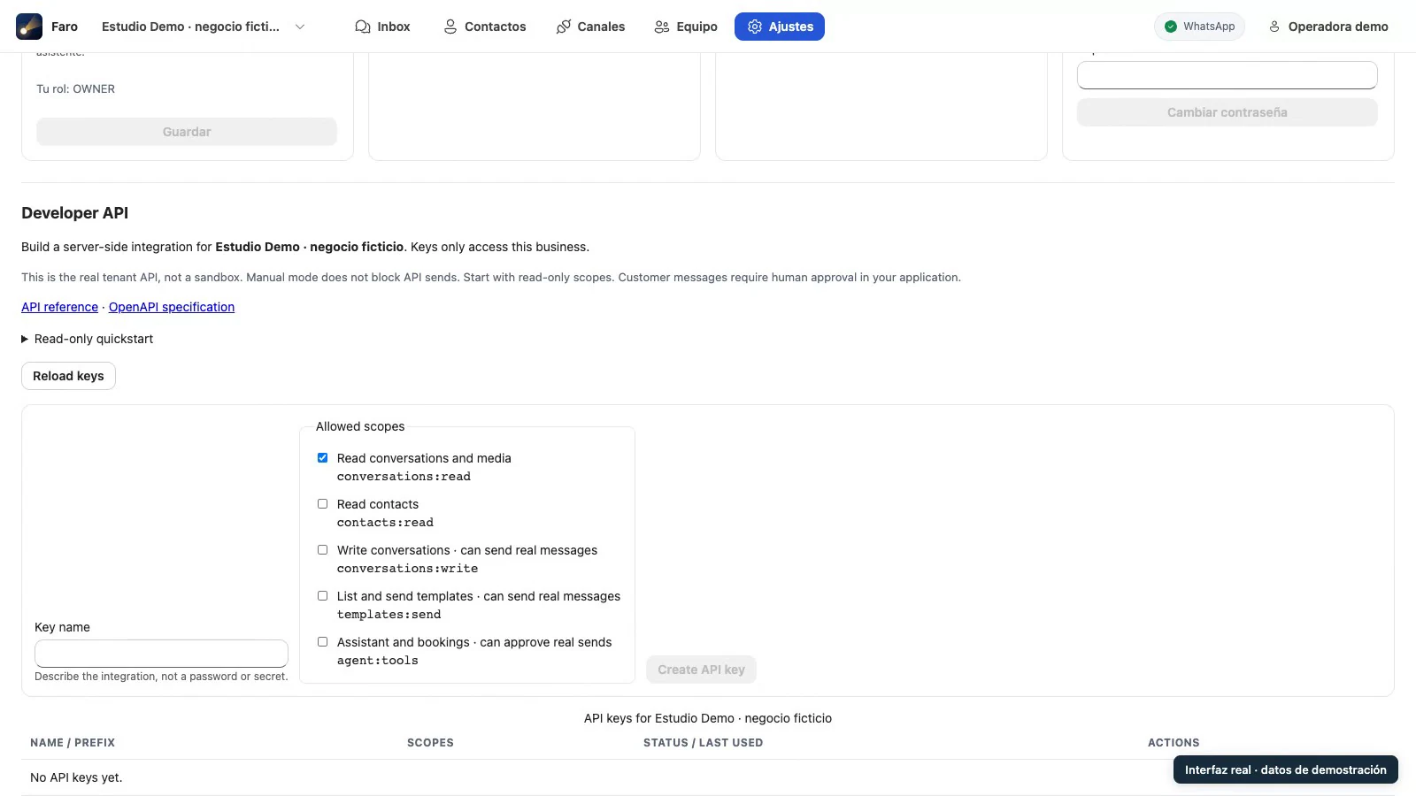 Panel Developer API de Faro con permisos de lectura. Interfaz real con datos sintéticos; no se ha creado ninguna clave.